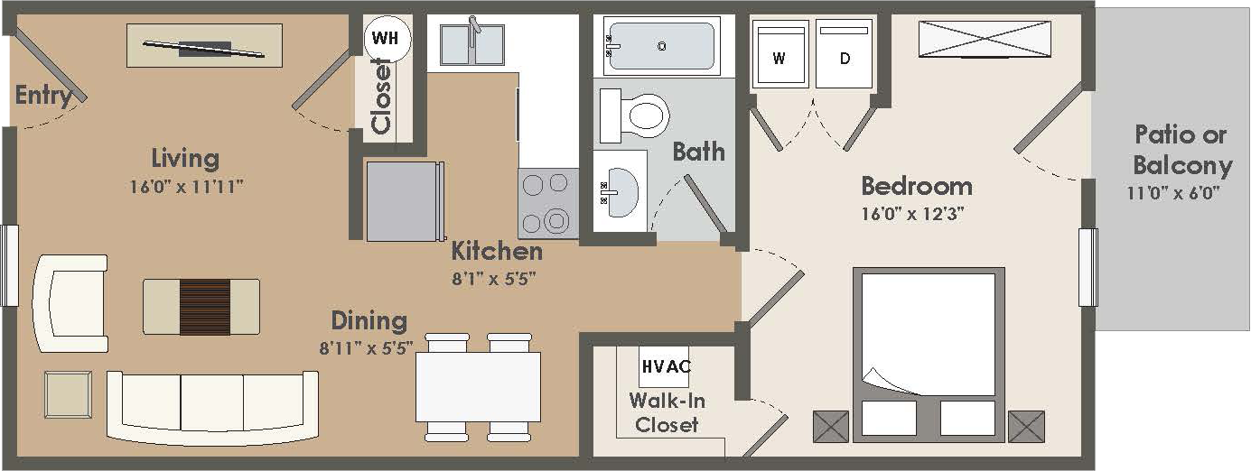 Floor plan for 1 bed, 1 bath, 750 sqft